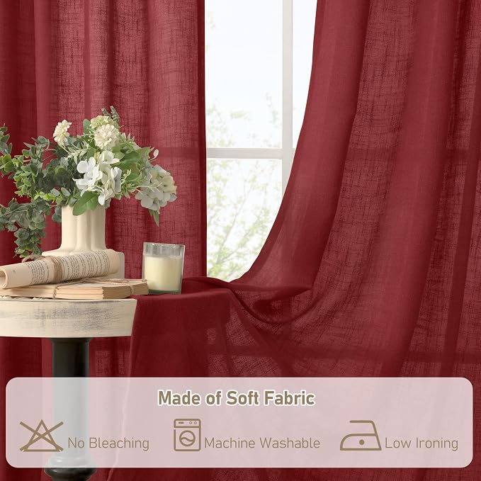 LAMIT Red Sheer Linen Curtains 45 Inch Length, Linen Textured Light Filtering - Image 9