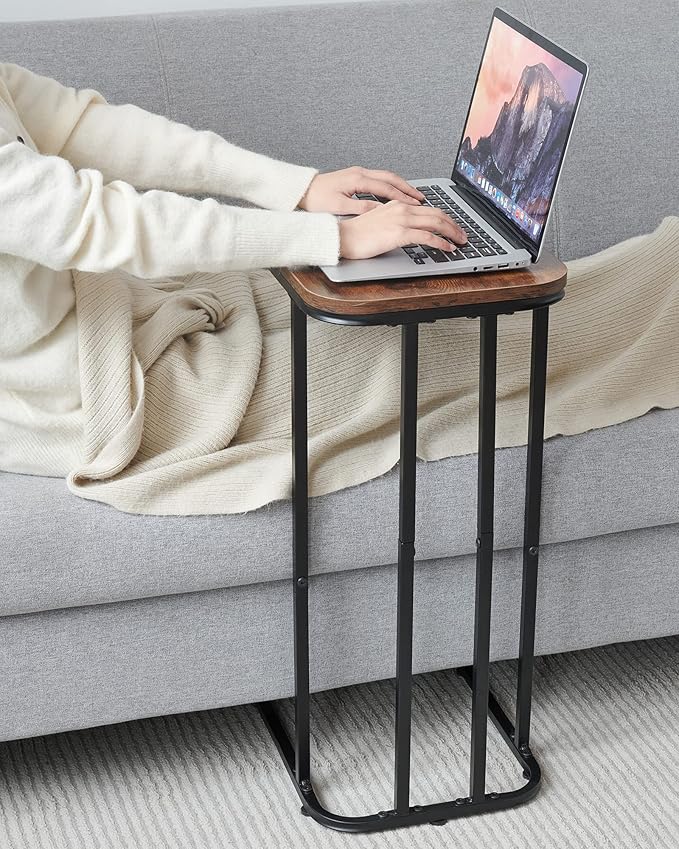 C Shaped End Table, 27 Inches High Small Side Table for Sofa and Bed, Couch Table That Slides Under, Tall Tv Tray Table for Living Room, Bedroom, Metal Frame, Rustic Brown & Black