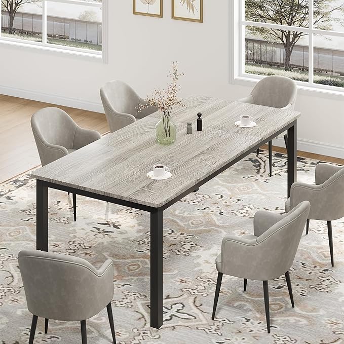 GarveeHome 78.7in Industrial Dining Table for 6, Wooden Long Dinner Table with Mortise Tenon Design, Kitchen Table with Sturdy Metal Legs, for Dining Room Home Office Living Room, Grey