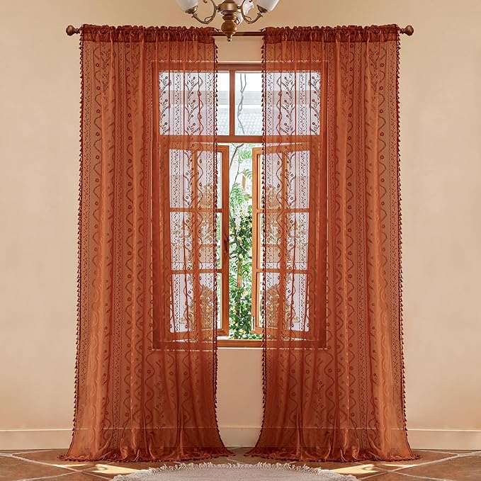 WAZZIO Boho Lace Curtains 102 Inch 2 Panels -Vintage Sheer Panel Drape Floral - Image 2