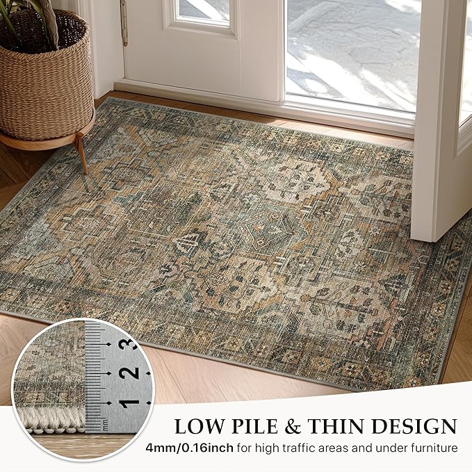 GENIMO 2x5 Runner Rugs for Hallway, Machine Washable Non Slip Vintage Rugs, Low Pile Lightweight Soft Print Rug for enrtyway, Corridor, Home Office, Kitchen, Warm Taupe