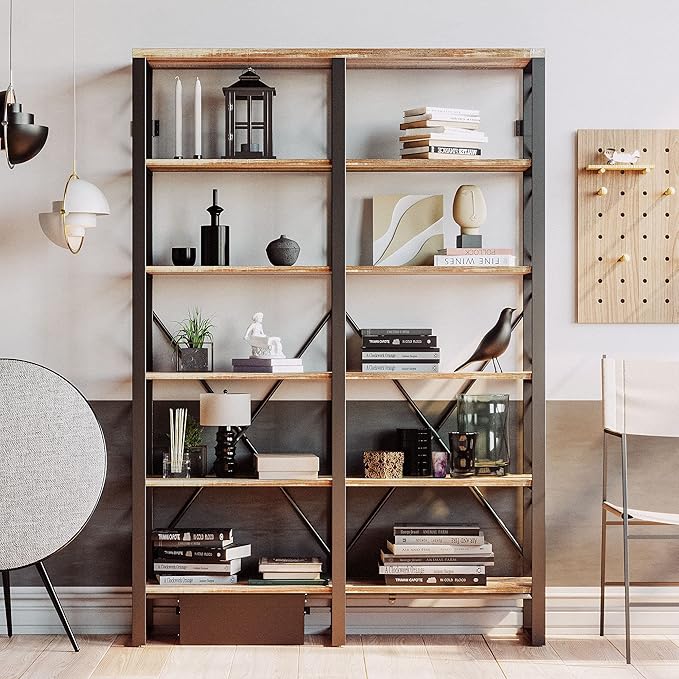 IRONCK Bookshelves Double Wide 6-Tier 76" H, Open Large Bookcase, Industrial Style Shelves for Home Office, Easy Assembly