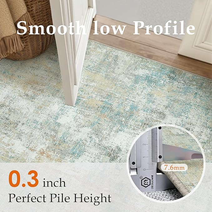 9x12 Area Rug Teal Beige Modern Neutral Abstract Living Room Bedroom Indoor Floor Carpet Low Pile Soft Non-Slip Lightweight Vacuumable Washable Large Throw Rug for Nursery Dining Room