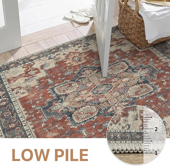 GENIMO 5x7 Area Rugs for Living Room, Machine Washable Non Slip Vintage Rugs, Low Pile Lightweight Chenille Print Rug for Bedroom, Dining Room, Home Office,Bordeaux
