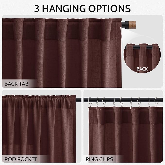 Nanspring Reddish Brown Linen Blend Light Filtering Back Tab Curtains 102 - Image 3