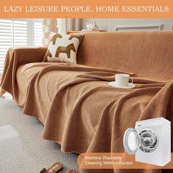 STACYPIK Orange Sofa Cover, Modern Chenille Couch Cover for Dogs, Furniture Protector for 2 Cushion Couch Multi-Use Couch Cover for Sectional Pet-Friendly, Non-Slip Loveseat Cover with Tassel-71X118IN