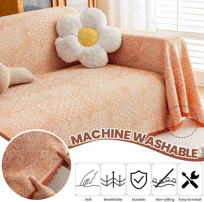 STACYPIK Boho Sofa Cover for Pets, Orange Geometric Couch Cover for 3 Cushion Sofa, Washable Dogs Protector for Living Room, Anti-Slip Sectional Covers for Loveseat with Tassel Throw Blanket-71X150IN