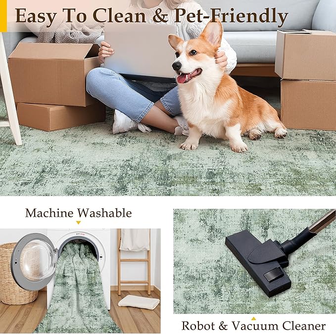 8x10 Washable Area Rug Dark Green Modern Neutral Abstract Living Room Bedroom Indoor Floor Carpet Low Pile Soft Non-Slip Lightweight Vacuumable Large Throw Rug for Nursery Dining Room