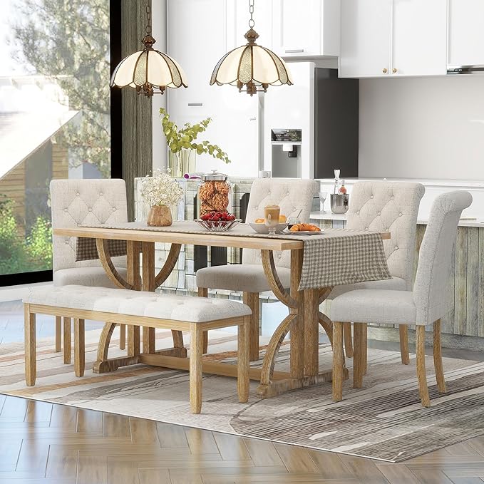 Ball & Cast 6-Piece Dining Table Set, 60" Rectangular Dining Table with 4 Upholstered Chairs & 1 Bench for Dining Room and Kitchen Natural Wood Wash