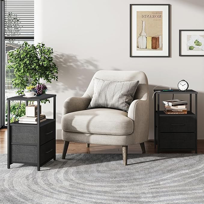 TUTOTAK End Table with Charging Station, Night Stand, Side Table with 2 USB Ports and Outlets, Nightstand with Cloth Drawer, Bedside Table for Livingroom, Bedroom Black TB01BK088
