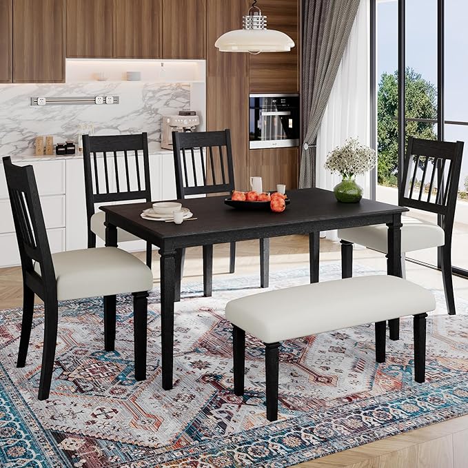 Merax 6-Piece Retro Dining Table Set, 6 Seats Wooden Rectangular Table, with 4 Chairs & 1 Bench for Kitchen Room, Classic Furniture, Dovetall Grey