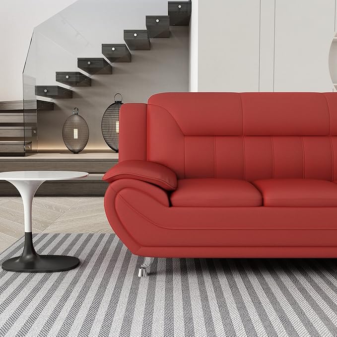 Container Furniture Direct Michael Modern Faux Leather Upholstered Stainless Steel Legs Living Room Sofa, Loveseat, Red