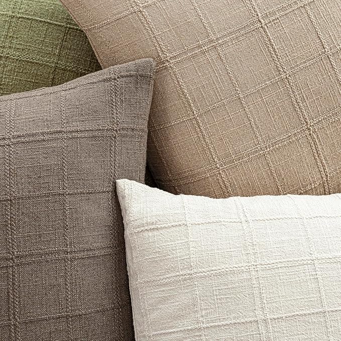 Foindtower Set of 2 Decorative Linen Check Throw Pillow Covers Neutral Farmhouse Vintage Cushion Covers Modern Coastal Boho Home Decor For Sofa Chair Couch Bedroom Living Room Outdoor,18×18 Inch,Camel