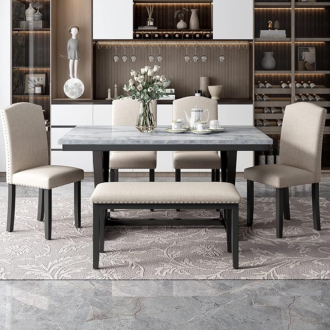 Ball & Cast 6 Piece Dining Table Set with 4 Chairs & 1 Bench,Living Room Furniture W/ 60" Rectangle Marbled Veneers Tabletop Kitchen Desk,for Restaurant,Home Bistro,White