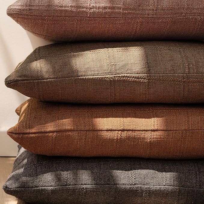 Foindtower Set of 2 Decorative Linen Check Throw Pillow Covers Neutral Farmhouse Vintage Cushion Covers Modern Boho Home Decor for Sofa Chair Couch Bedroom Living Room Outdoor,20×20 Inch,Dark Brown
