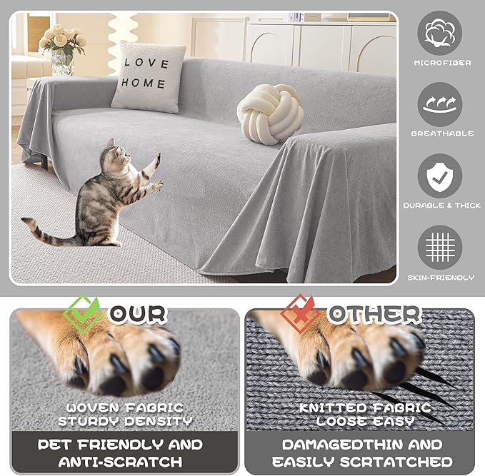 MYSKY HOME Couch Covers for 3 Cushion Couch Sofa Pet Friendly, Couch Cover for Sectional Sofa Furniture Protector Cover, Non Slip Sofa Cover, Sofa Covers Washable, 71"x118", Light Grey