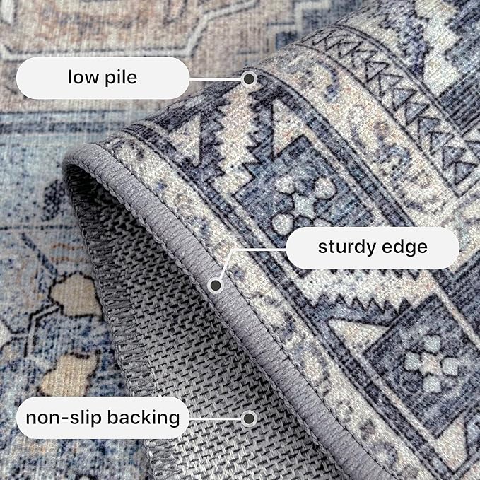 GENIMO 5x7 Area Rugs for Living Room, Machine Washable Non Slip Vintage Rugs, Low Pile Lightweight Chenille Print Rug for Bedroom, Dining Room, Home Office, Brown Blue