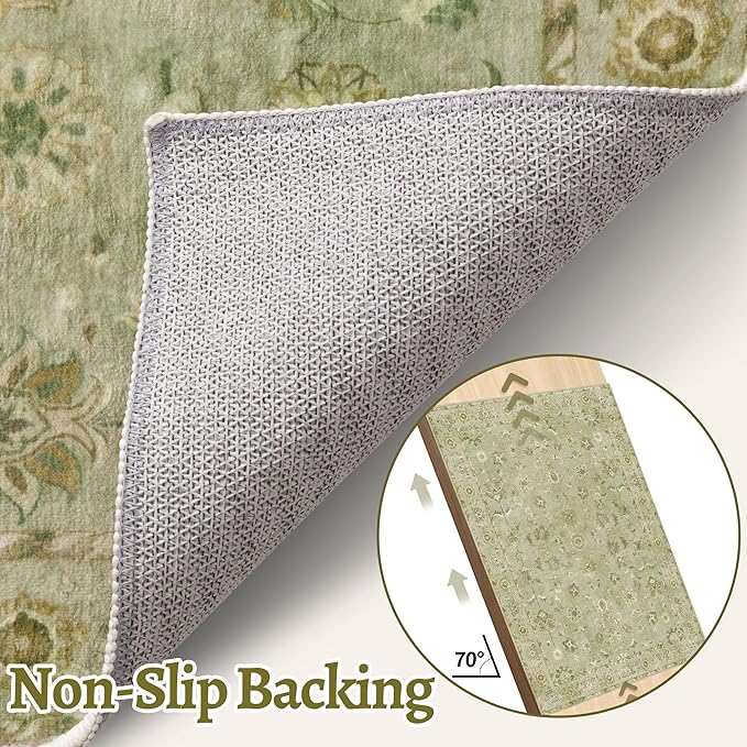 Tangsoo 2x10 Washable Runner Rug for Hallways, Floral Vintage Non Slip, Soft Low Pile Long Rugs Runner, Print Distressed Green Carpet Runners for Kitchen Bedroom Entryway Living Room