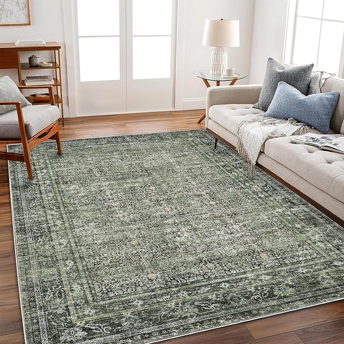 Washable Area Rug 4'x6' Traditional Floor Cover Foldable Thin Rugs Retro Kitchen Indoor Distressed Non Slip Carpet Floral Print Mat Bedroom Living Room