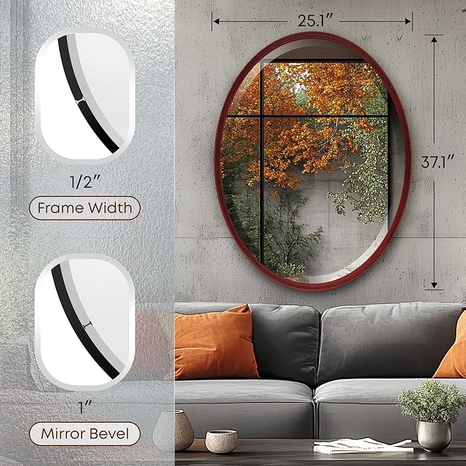 OVALCREST - Oval Wooden Beveled Wall Mirror for Home Decor, Bathroom, Vanity, Bedroom, Living Room, Hallway - London Style (Black Cherry) 25.1 x 37.1