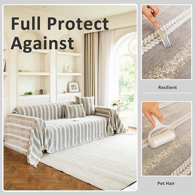 Couch Cover for Dogs Washable Sofa Cover, Sectional Couch Covers, Sofa Covers for 2 Cushion Couch, Non Slip Stripe Sofa Slipcovers Furniture Protector, Couch Protector from Cat Claws, Light,71''x150''