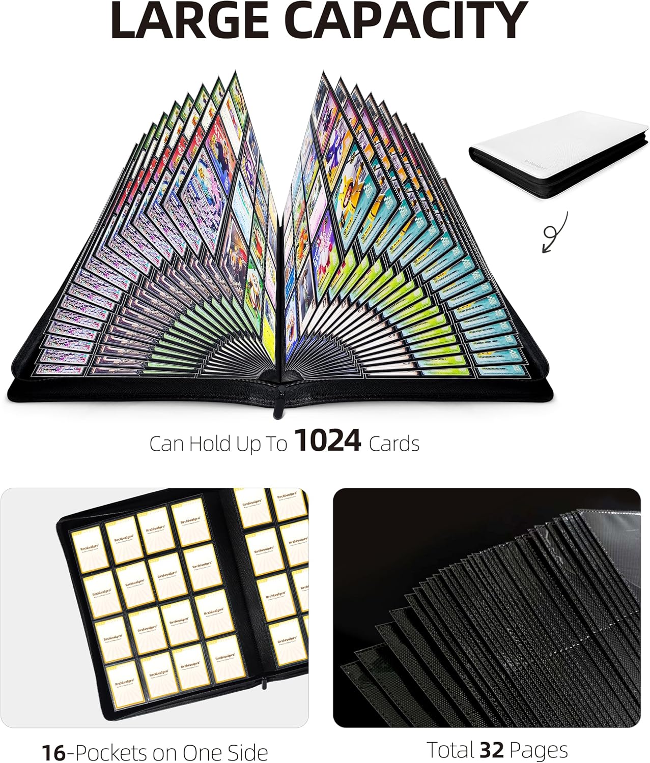 16 Pockets Premium Card Binder 1024 Cards Trading Card Binders Side Load Card Storage Display Album(16 Pocket 1024 Card Slot,White)