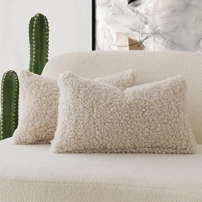 Foindtower Set of 2 Curly Teddy Wool Faux Fur Pillow Covers Decorative Boucle Textured Lumbar Throw Pillow Accent Pillowcases Sheepskin Cushion Case for for Chair and Couch 12"x20" Neutral Cream