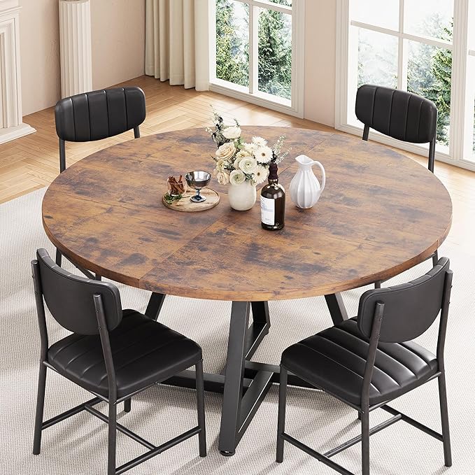 Round Kitchen Dining Room Table Circle Dining Dinner Table with Pedestal Metal Frame, Space Saving Wood Industrial Furniture for Small Space (Rustic Brown, 47IN)