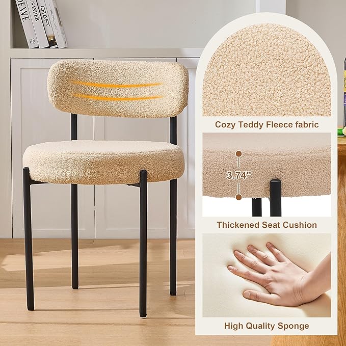 Dining Chairs Set of 4, Beige Boucle Dining Chair, Curved Backrest Upholstered Dining Room Chairs with Black Metal Legs, Mid Century Modern Dining Chairs for Kitchen, Living Room, Beige