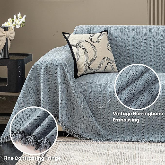 Nobildonna Sofa Chair Cover Waterproof Soft Thicken Chenille Cushion Couch Cover with Tassels,Washable Sofa Slipcovers for Armchair Recliner Sectional Furniture Protector,Dusty Blue 71"x71"
