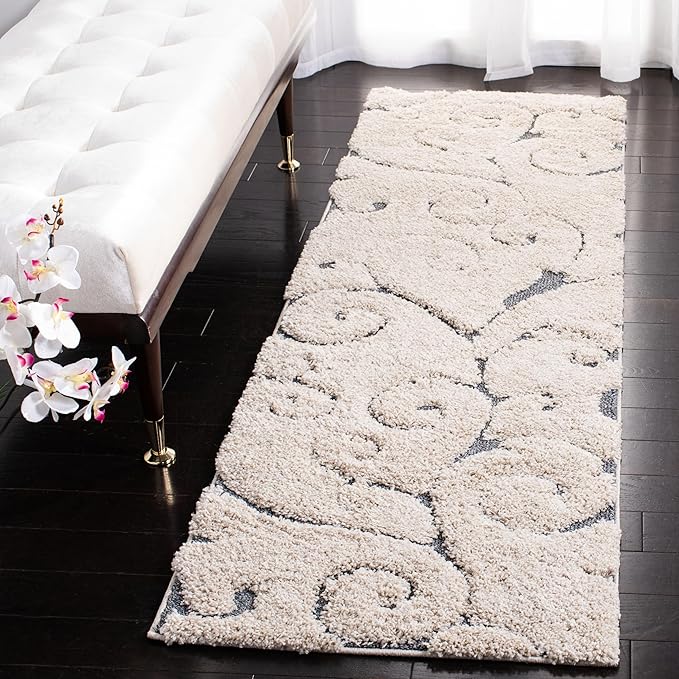 SAFAVIEH Florida Shag Collection Runner Rug - 2'3" x 21', Beige & Blue Grey, Scroll Design, Non-Shedding & Easy Care, 1.2-inch Thick Ideal for High Traffic Areas in Living Room, Bedroom (SG455-1155)