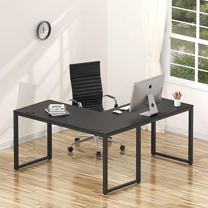SHW 55 x 60 Inches Commercial-Grade L-Shape Corner Office Computer Desk, Black