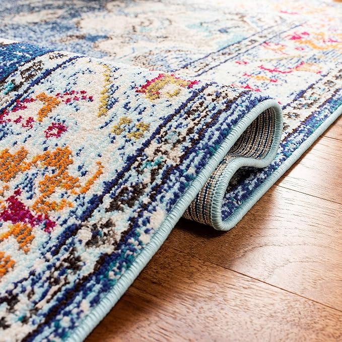 SAFAVIEH Monaco Collection Area Rug - 12' Square, Navy & Light Blue, Boho Chic Medallion Distressed Design, Non-Shedding & Easy Care, Ideal for High Traffic Areas in Living Room, Bedroom (MNC243N)