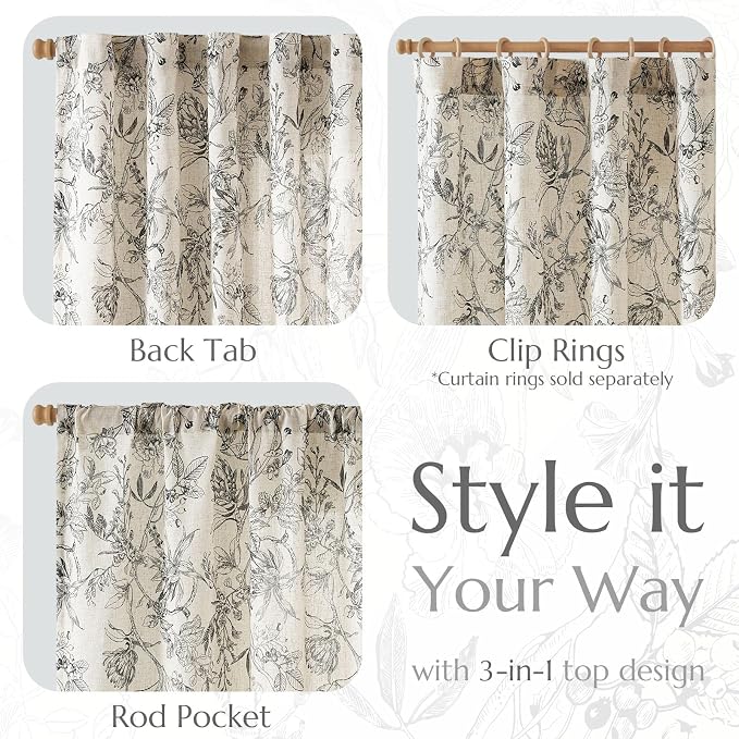 jinchan Floral Curtains 90 Inch Length Black Flower Linen Farmhouse Curtain - Image 5