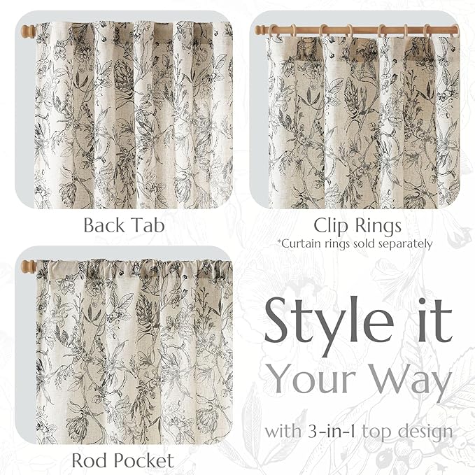 jinchan Floral Curtains 84 Inches Long Black Flower Linen Farmhouse Curtain - Image 5