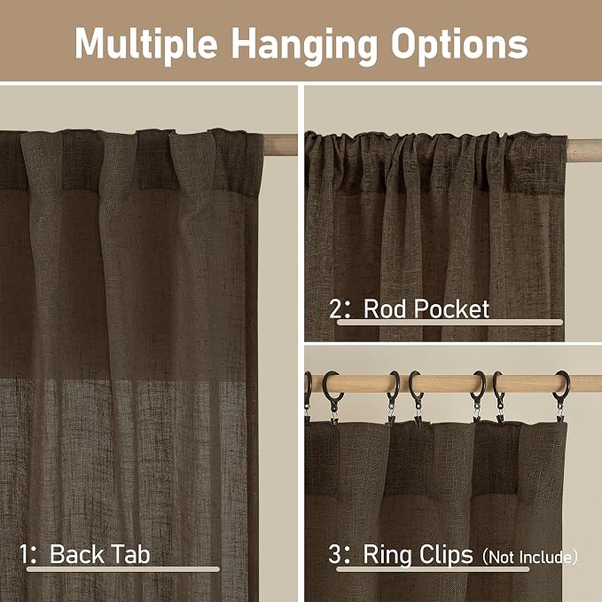 LAMIT Dark Brown Sheer Linen Curtains, 80 inch Light Filtering Semi Sheer - Image 3