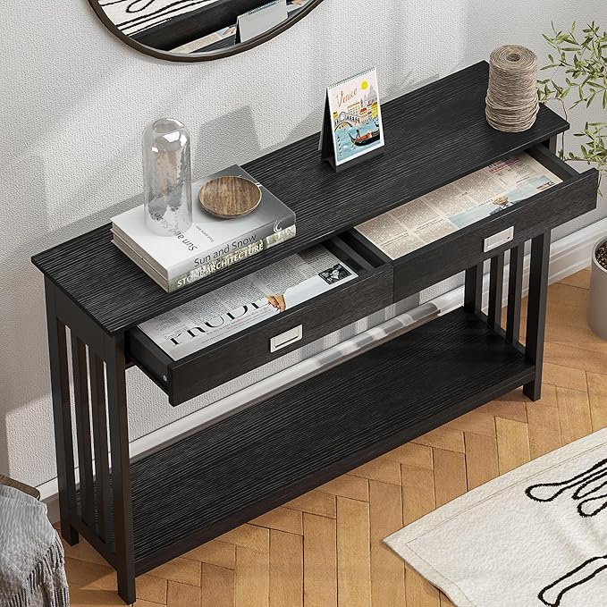 ChooChoo Mission Long Entryway Table with Drawer, Narrow Console Sofa Table with Storage, for Entryway, Living Room and Hallway, 47 Black