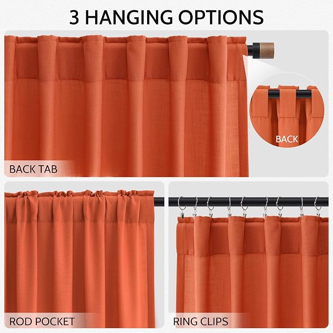 Nanspring Bright Orange Linen Blend Light Filtering Back Tab Curtains 102 - Image 3