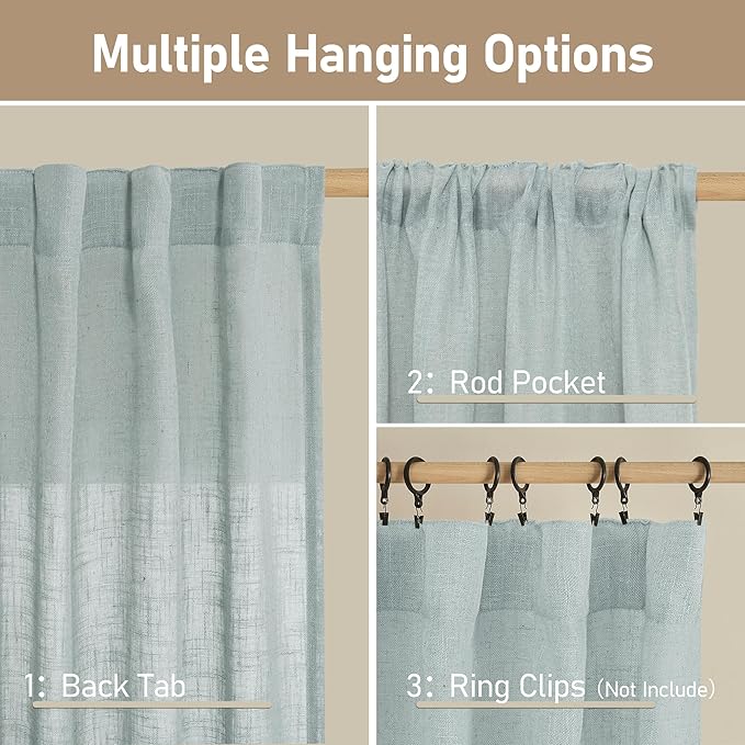 LAMIT Greyish Blue Linen Boho Curtains 80 inch Length 2 Panels, Light Filtering - Image 2
