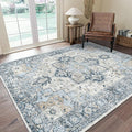 GENIMO 9x12 Area Rugs for Living Room, Machine Washable Non Slip Vintage Rugs, Low Pile Lightweight Chenille Print Rug for Bedroom, Dining Room, Home Office, Blue