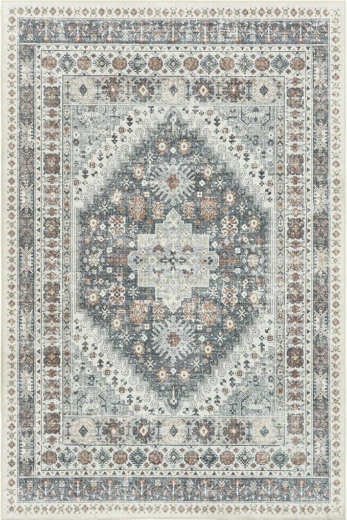 zesthome 5x7 Area Rugs - Ultra-Thin Washble Rug, Stain Resistant Anti Slip Backing Rugs for Living Room,Bedroom, Vintage Home Decor Area Rug (Grey/Orange,5'x7')
