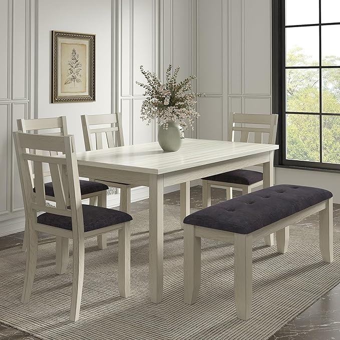 6-Piece Solid Wood Dining Table Set for 6, Modern Breakfast Dinette Kitchen Table with Bench & Chairs for Dining Room, Kitchen, Grey