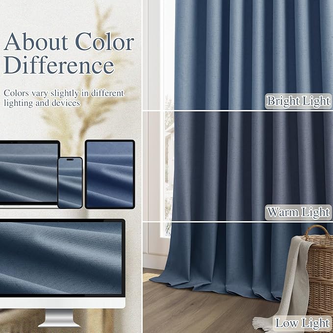 Denim Blue 100% Blackout Linen Curtains 120 Inch Length 2 Panels Set - Image 7