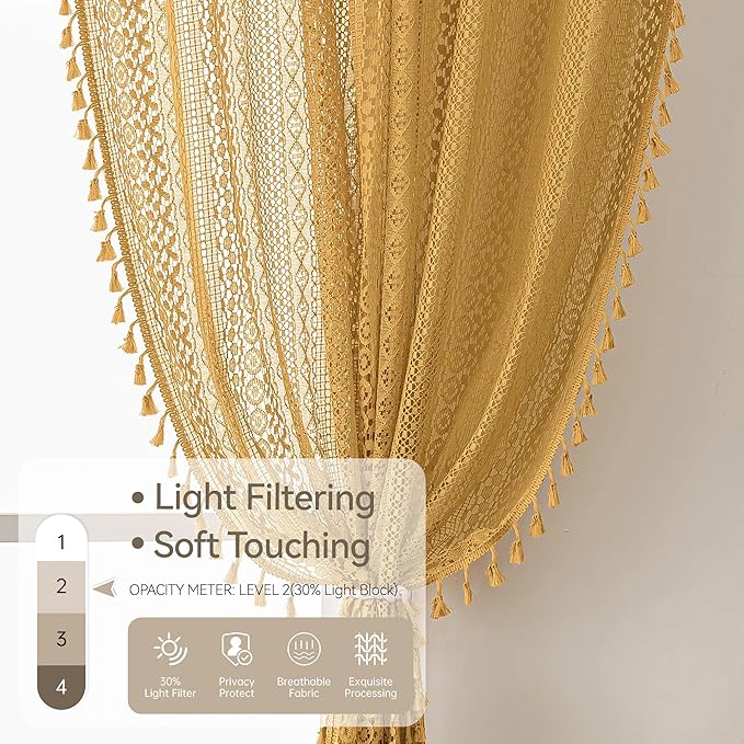 WAZZIO Boho Lace Curtains 72 Inches 2 Panel, Light Filtering Privacy Tassel & - Image 3
