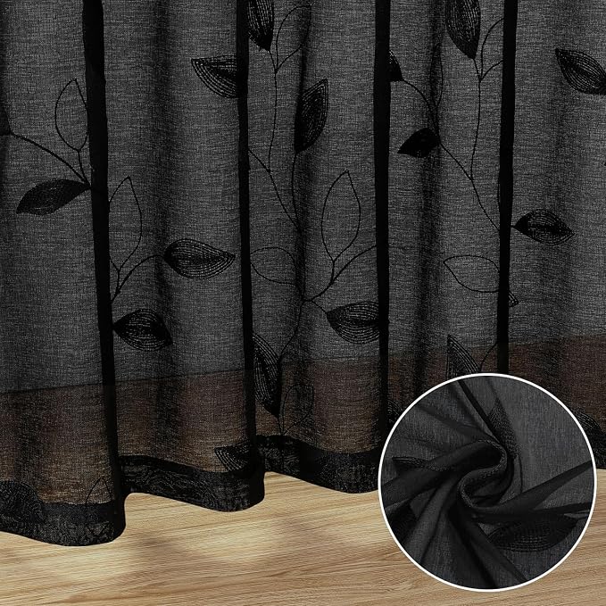 HOMEIDEAS Black Sheer Curtains 52 X 96 Inches Length 2 Panels Black Embroidered - Image 4