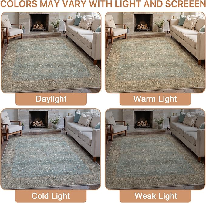 8X10 Area Rugs Machine Washable Rugs for Living Room, Vintage Boho Large Rugs for Bedroom Dining Room, Non Slip Indoor Soft Distressed Lightweight Thin Low Pile Carpet, Weathered Teal