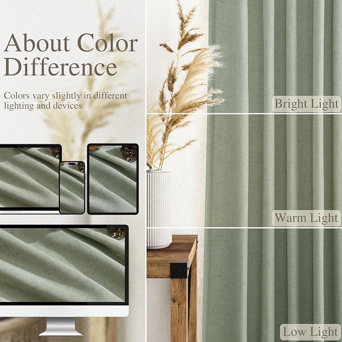 Nanspring Desert Sage Linen Curtains Semi Sheer 96 Inches Long 2 Panels Set - Image 3