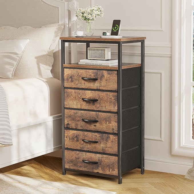Huuger 5 Drawers Dresser with Charging Station, Set of 2, Dresser for Bedroom, Tall Night Stand, Chest of Drawers with Open Shelf, Bedside Table Nightstand, Fabric, Rustic Brown