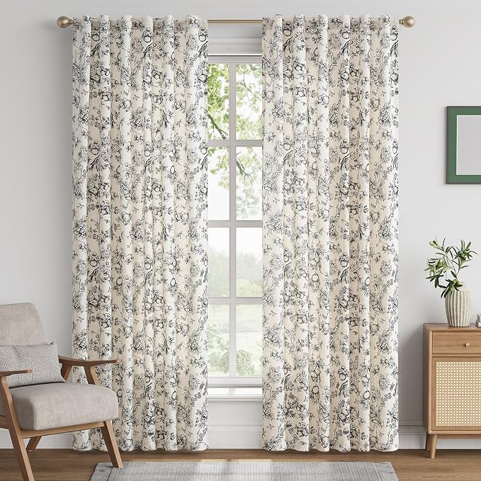 jinchan Linen Floral Curtains for Living Room 84 Inch Length Black Printed - Image 2