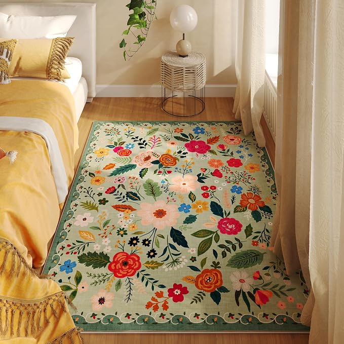 Rugcomf Area Rug 4x6 Rug Washable Boho Rugs Non Slip Low Pile Floral Small - Image 5